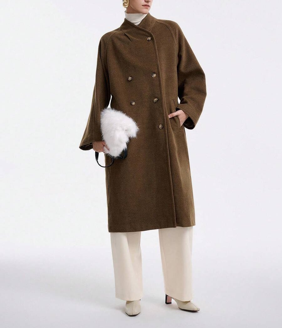 French Retro Style Casual Coat Luxurious Women Long Wool Blend Coat with Shawl Collar