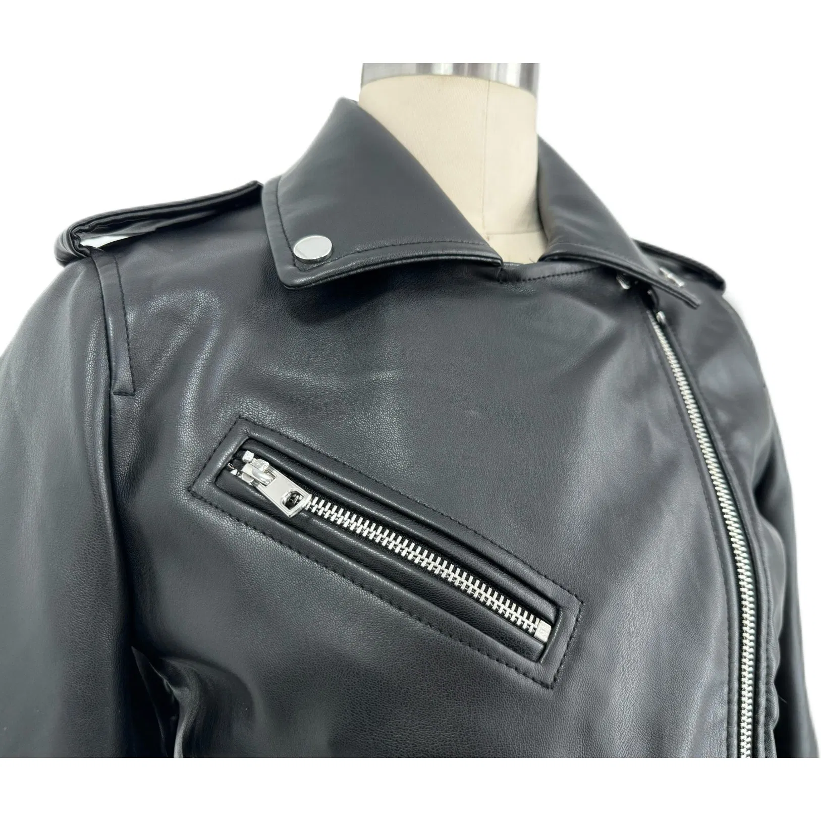 Design Faux Leather Coat Diagonal Zipper Women's Short Motorcycle PU Leather Jacket