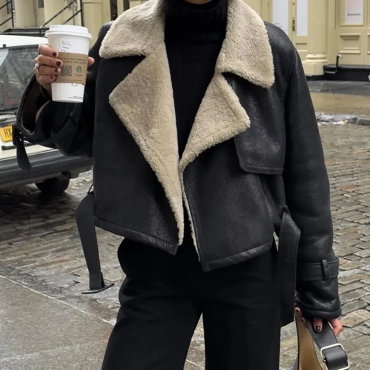 Custom Fleece Chamois Leather Sherpa Motorcycle PU Leather Jacket Women Short Women's Jackets Oyercoat