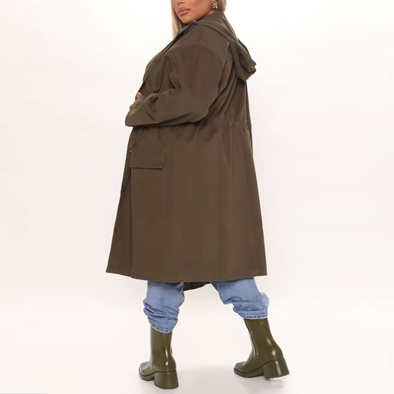 Women Basic Cotton Hooded Waist Drawstring Loose Fit Long Duster Trench Coat