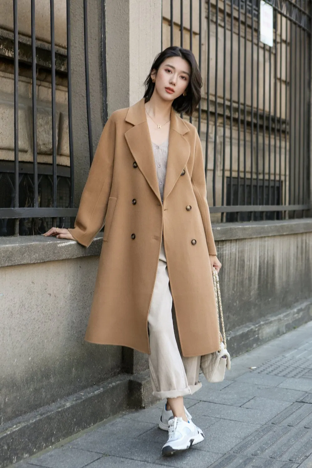 Customized Long Wool Coat Elegant Cashmere Winter with Belt for Women