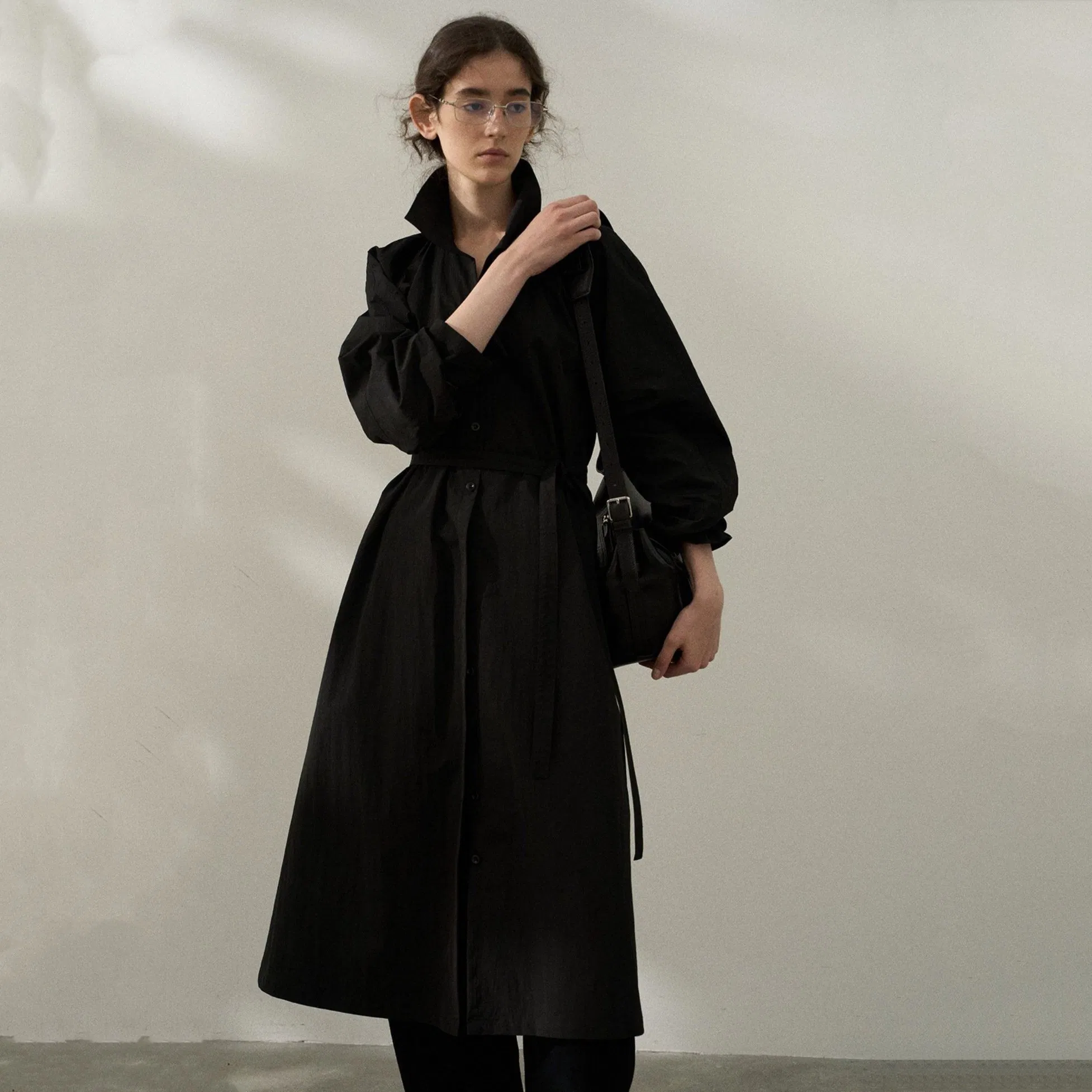 Glossy Wrinkled Long Trench Coat Stand Collar Coat Autumn