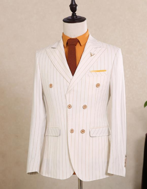 2PCS White Striped Wmoen Suit Notch Lapel Formal Wedding Groom Tuxedo Party Blazer