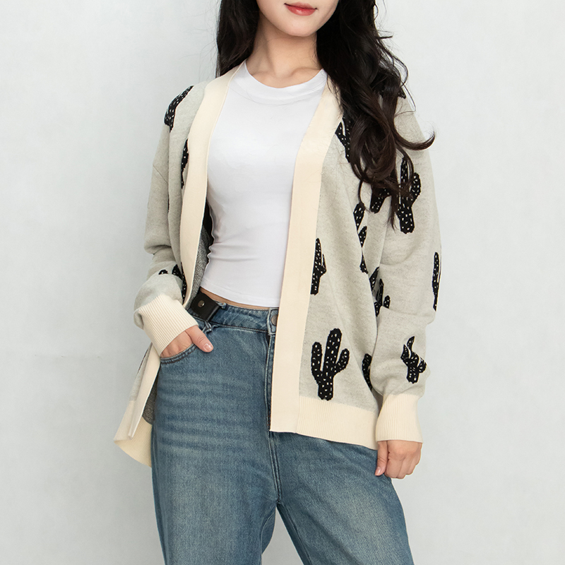 Cactus Print Cardigan Open Front Cardigan Crew Neck Cotton Cardigan