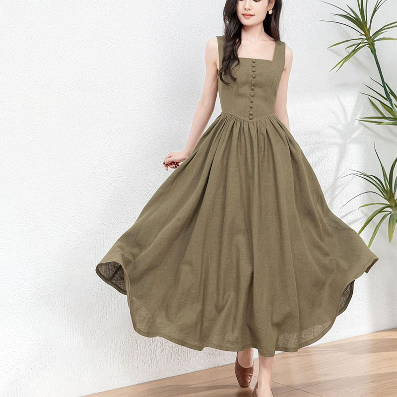 Trendy Women's Linen Maxi Dress with Unique Button Embellishments