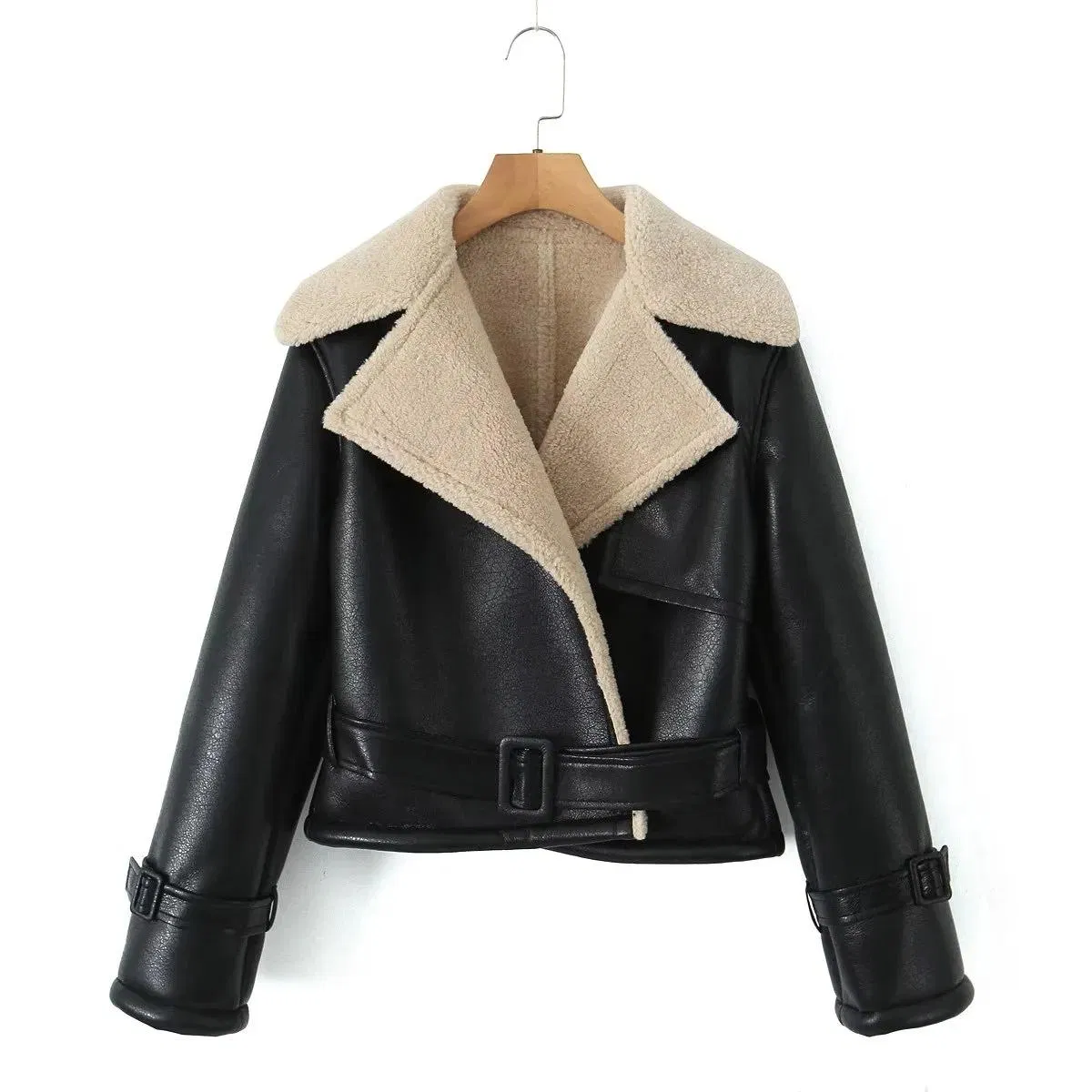 Custom Fleece Chamois Leather Sherpa Motorcycle PU Leather Jacket Women Short Women's Jackets Oyercoat
