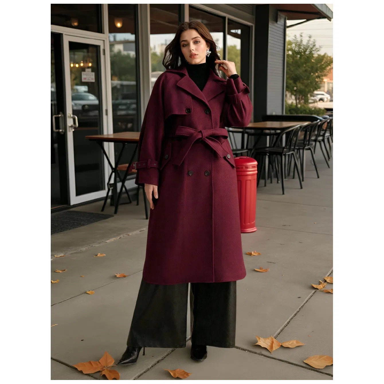 Burgundy Double Breasted Belted Wool Trench Coat