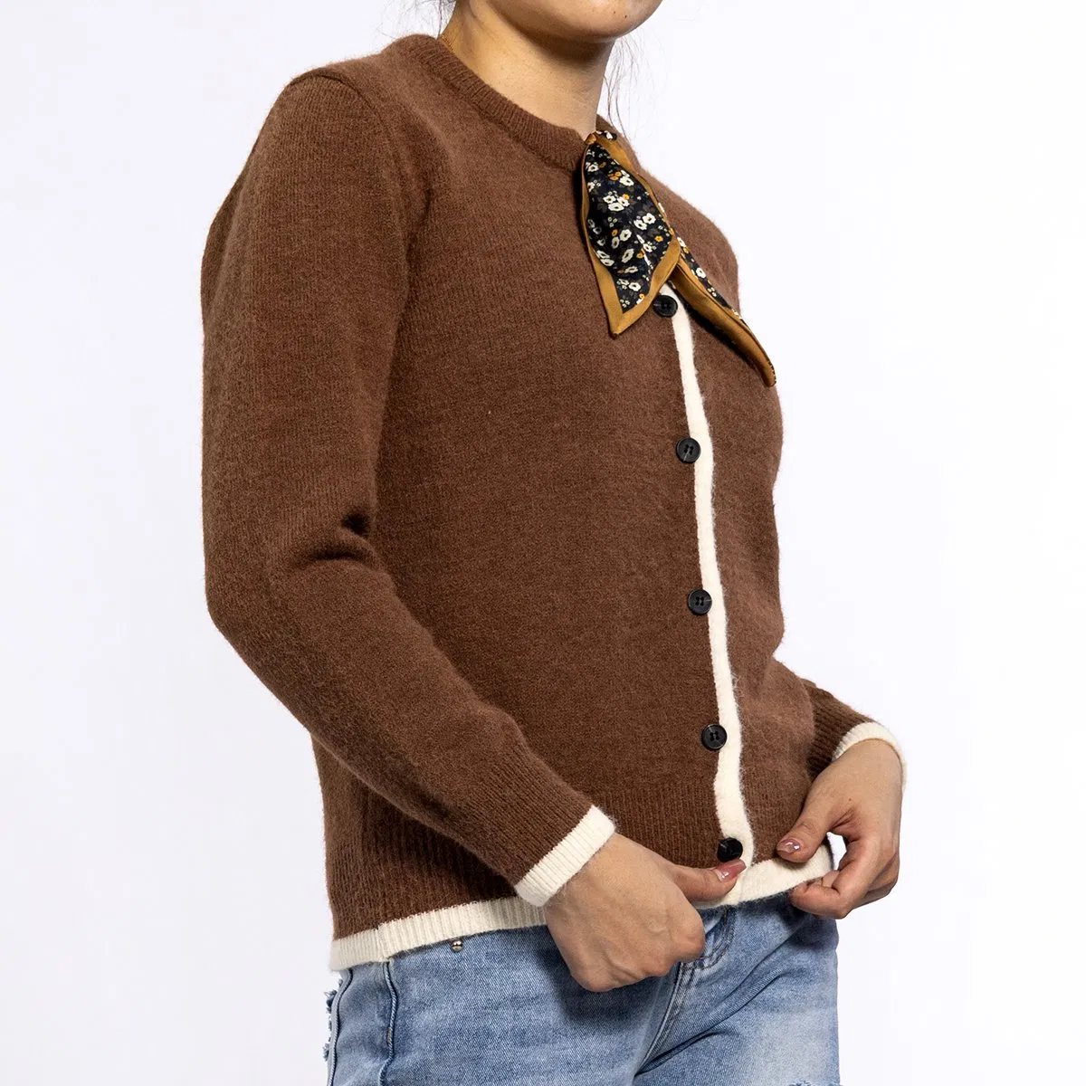 Autumn Curry Silk Scarf Neckline Cashmere Knitted Sweater Cardigan for Women