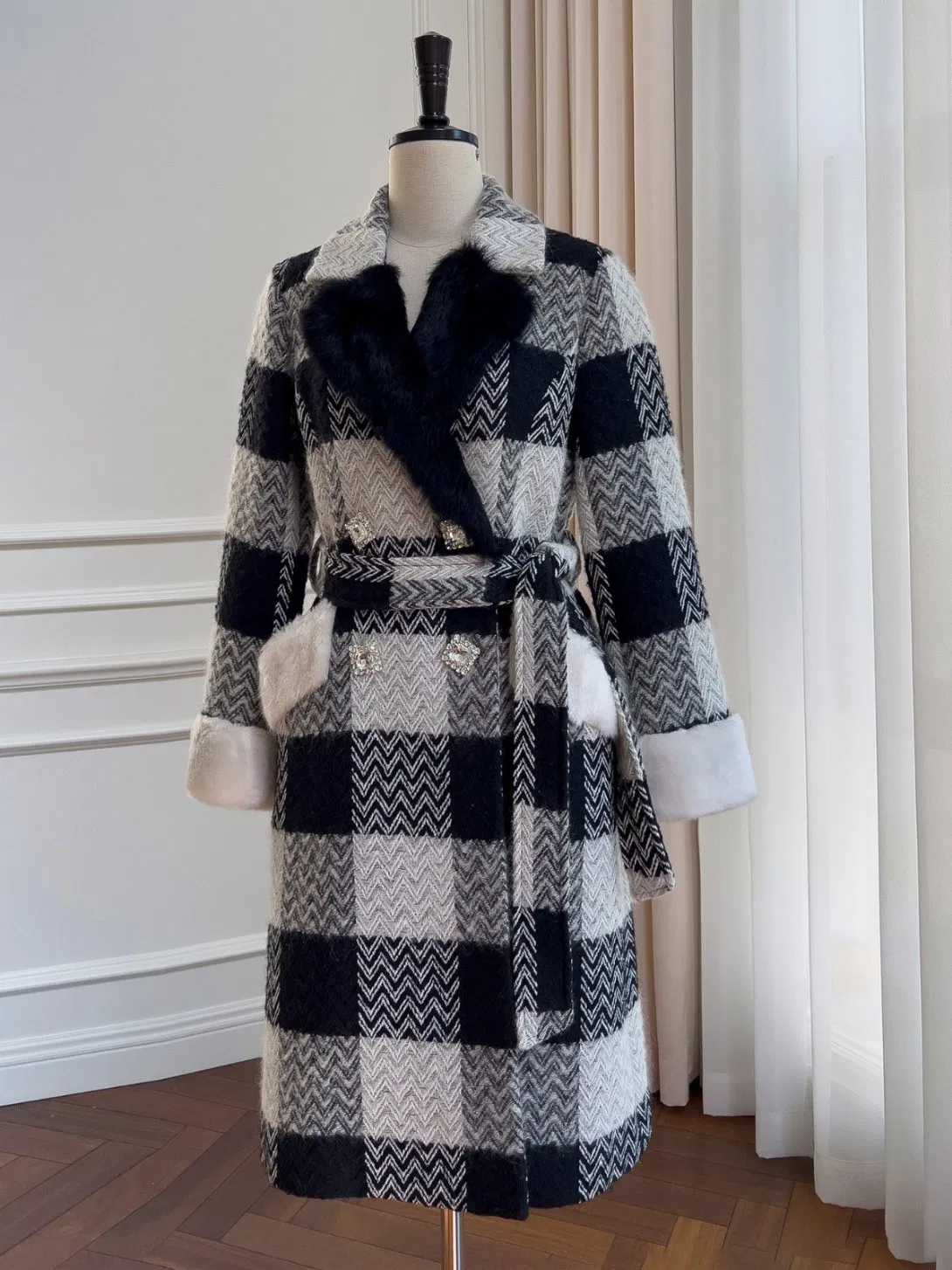 Nnr Modest Cloth Women Winter Wool Elegant Black Contrast Color Coat