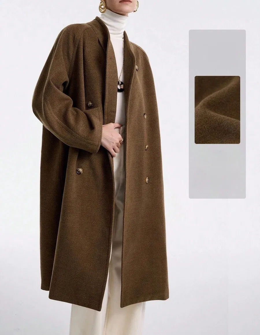 French Retro Style Casual Coat Luxurious Women Long Wool Blend Coat with Shawl Collar