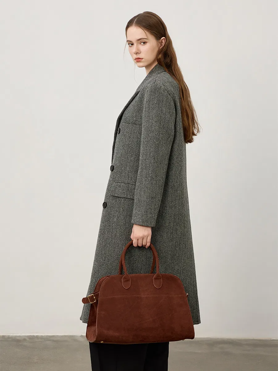 Double-Breasted Double Faced Herringbone Long Wool Trench Coat for Women