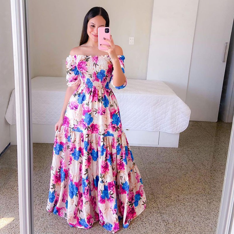 Women Spring Summer Casual Flower Print Fashion Maxi Long Ladies Dress