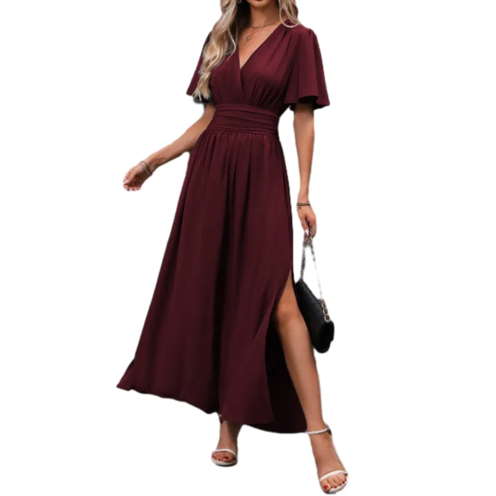 Hot-Selling Elegant 2025 New Flutter-Sleeve V-Neck Ruched-Waist Side-Slit Solid-Color Maxi Dress