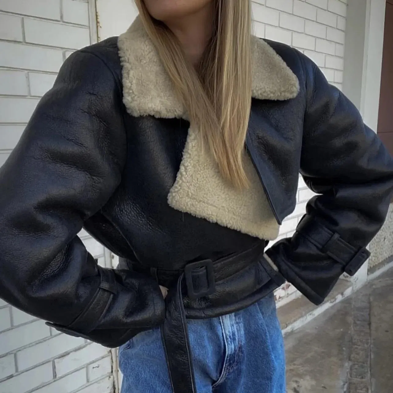 Custom Fleece Chamois Leather Sherpa Motorcycle PU Leather Jacket Women Short Women's Jackets Oyercoat