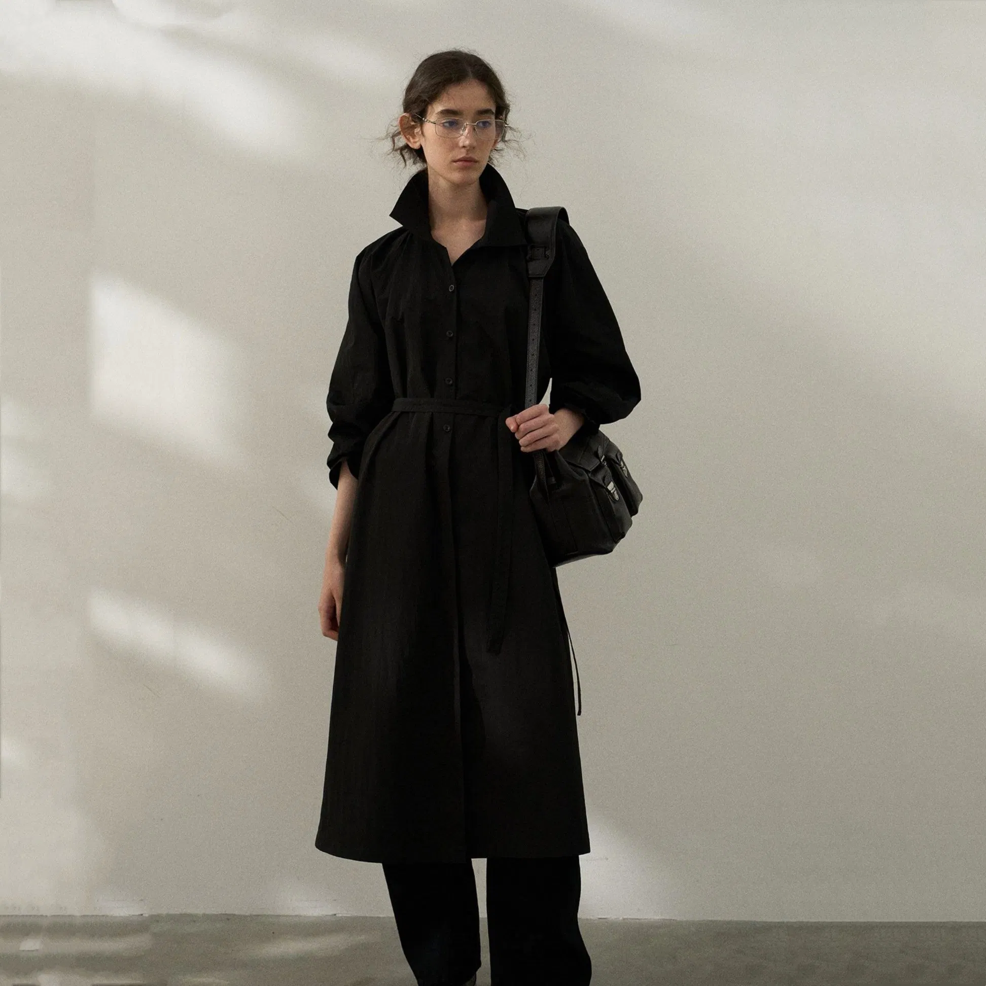 Glossy Wrinkled Long Trench Coat Stand Collar Coat Autumn