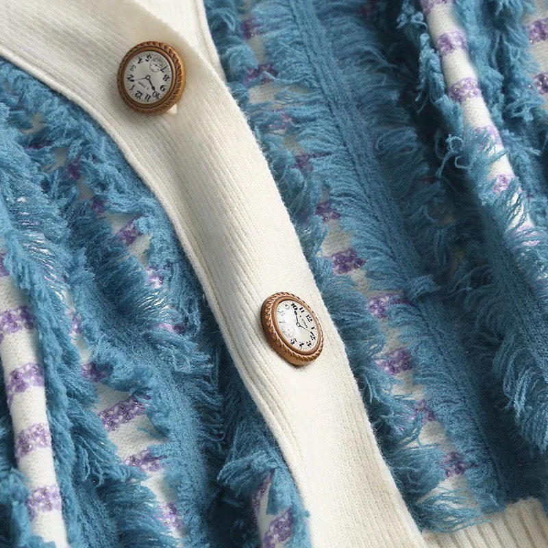 Ladies Long Knitted Cardigan Contrast Color