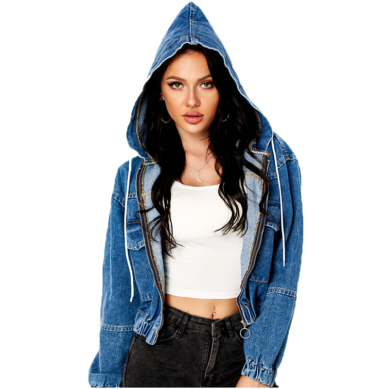 Women′ S Hooded Zip-up Denim Jacket Denim Hoodie Jacket Casual Jeans with Hood Blue Womens Denim Jacket