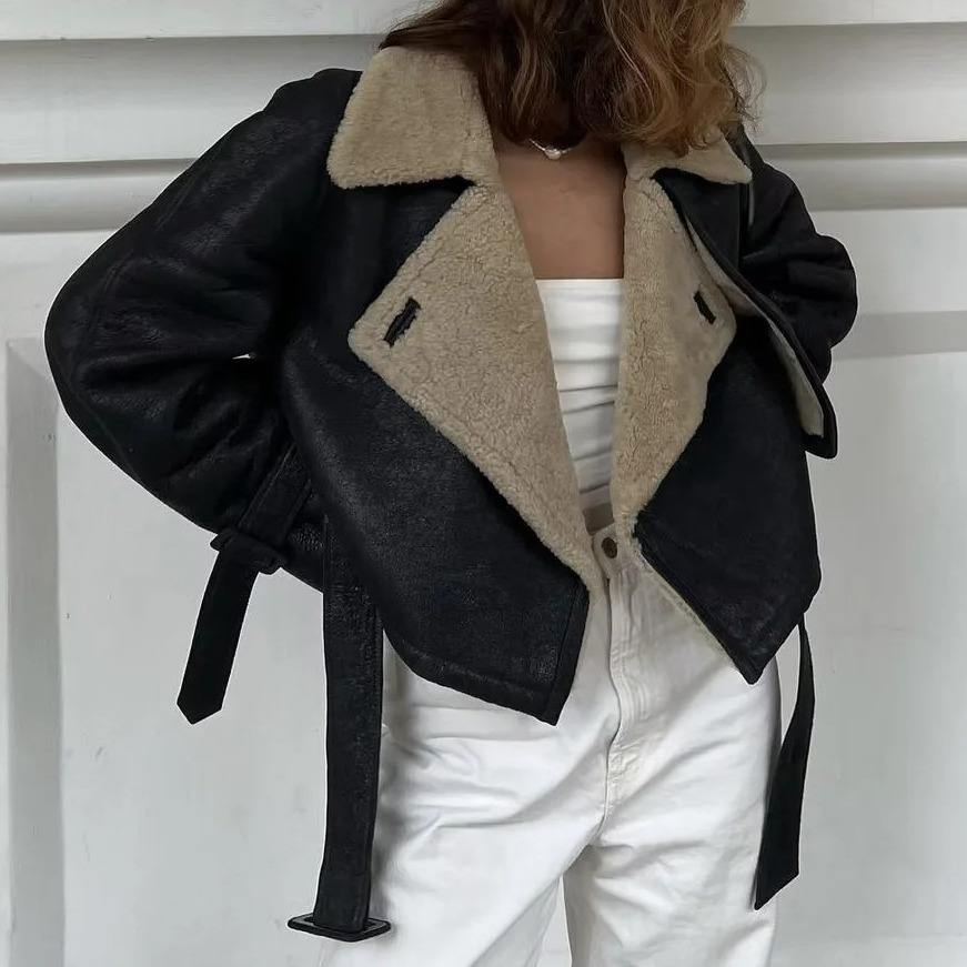 Custom Fleece Chamois Leather Sherpa Motorcycle PU Leather Jacket Women Short Women's Jackets Oyercoat