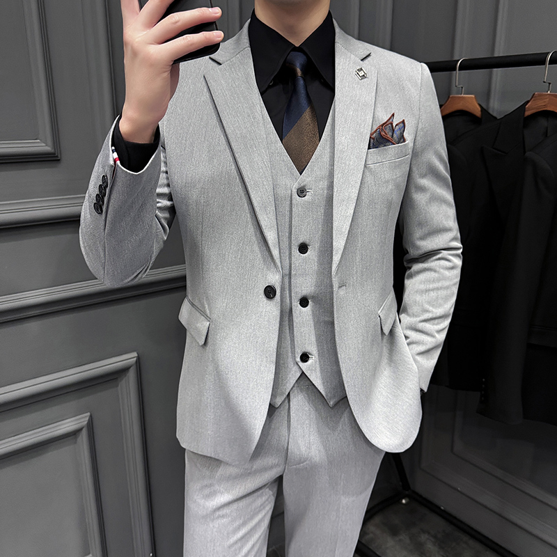 Breasted Coat Vest Men 3 Piece Business Solid Color Wedding Dress Blazer