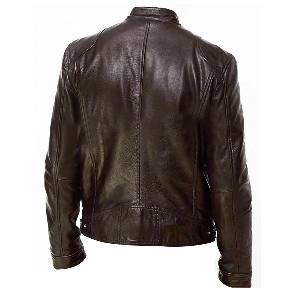 Mens Leather Jacket Slim Fit Motorcycle Biker Real Stand Collar OEM