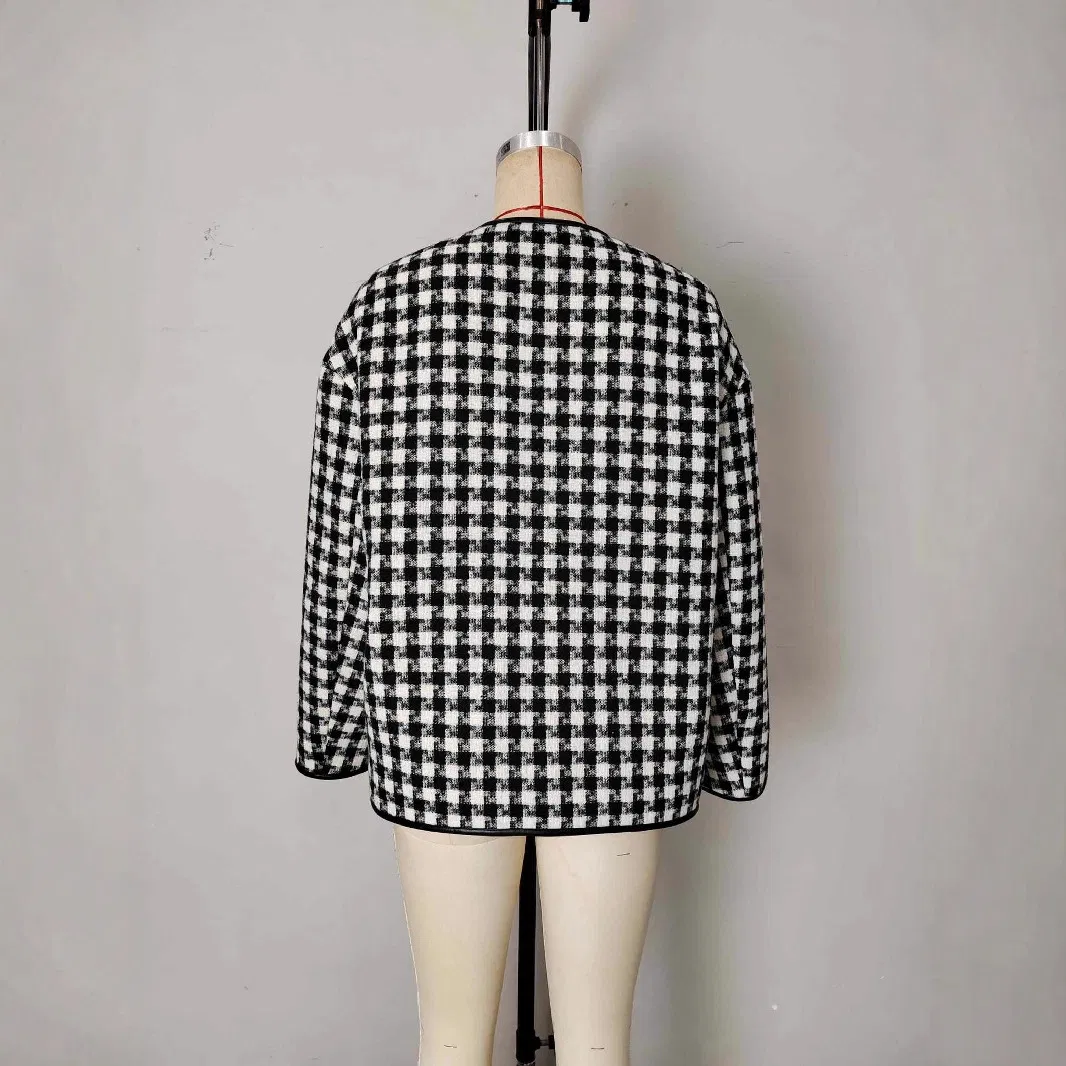 Women's Winter Overcoat New Arrival Plaid Padded Jacket with Faux Wool Trim Lapel Coat Featuring Two-Tone Checkered Warm