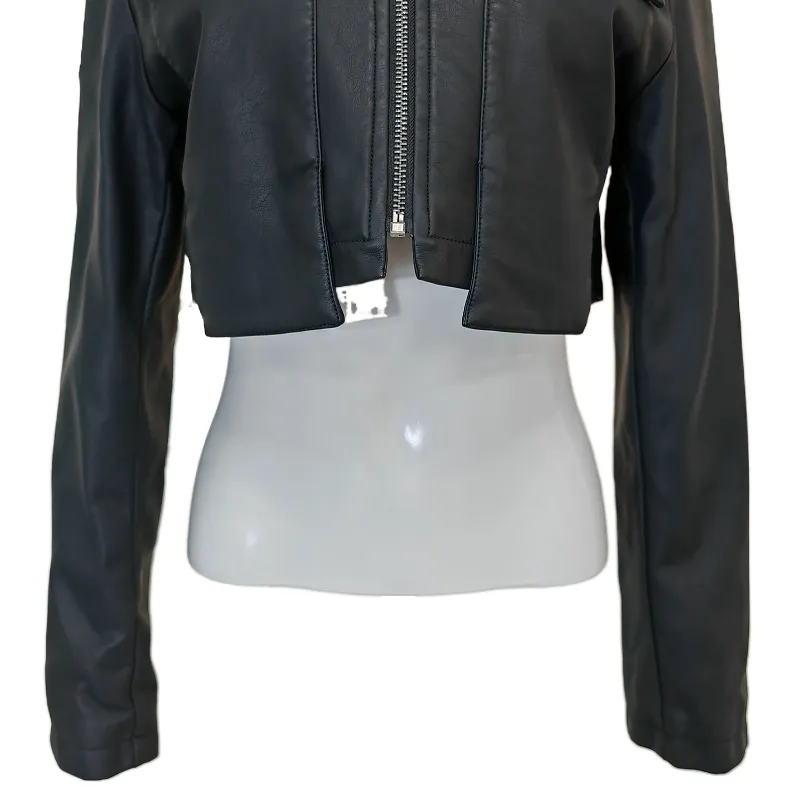 Black Faux Leather Cropped Biker Jacket View 4