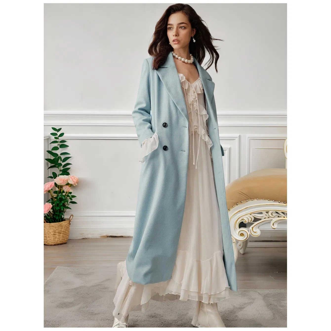 Sky Blue Belted Longline Wool Blend Winter Trench Coat