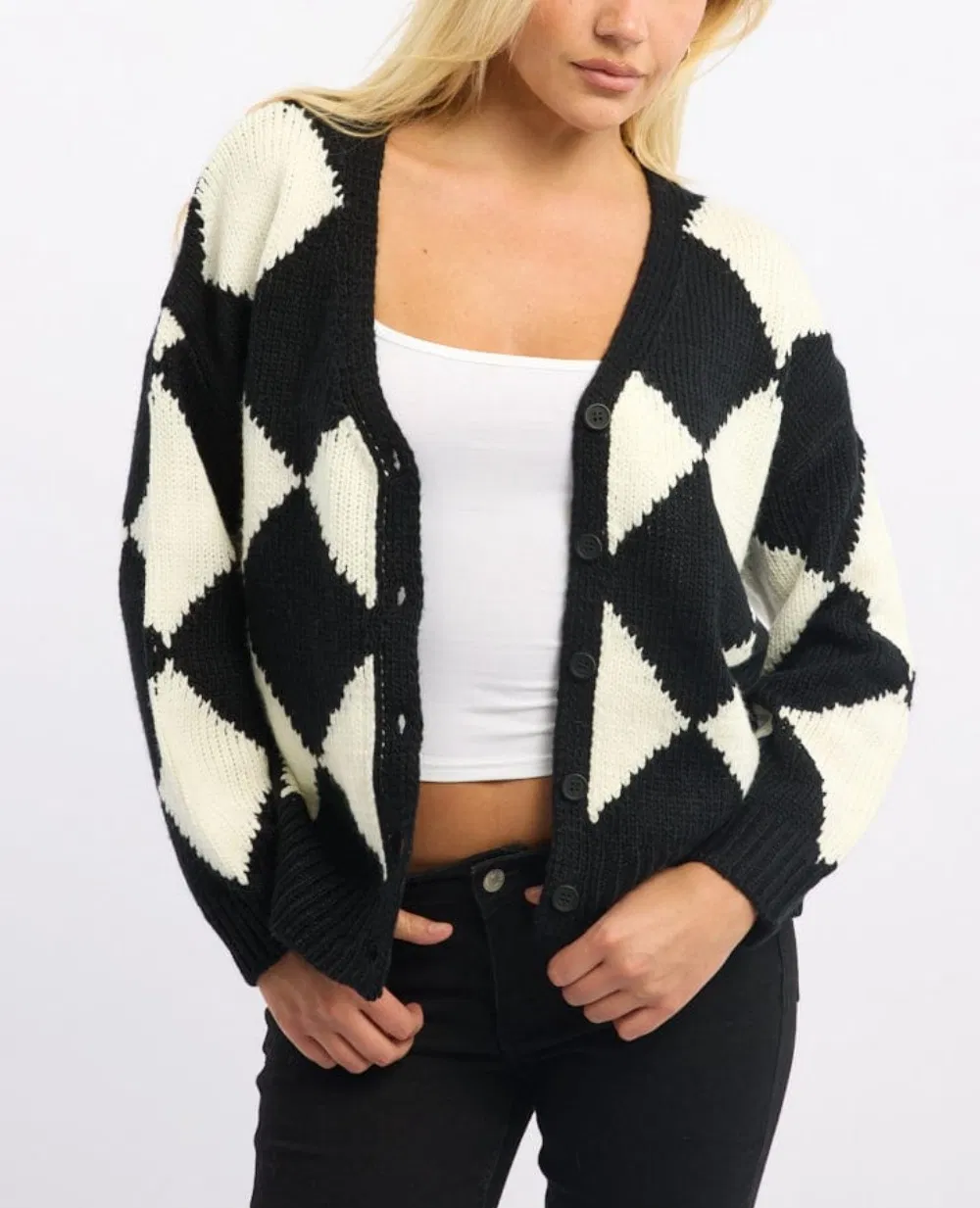 Chic Black and White Check Crop Knit Cardigan
