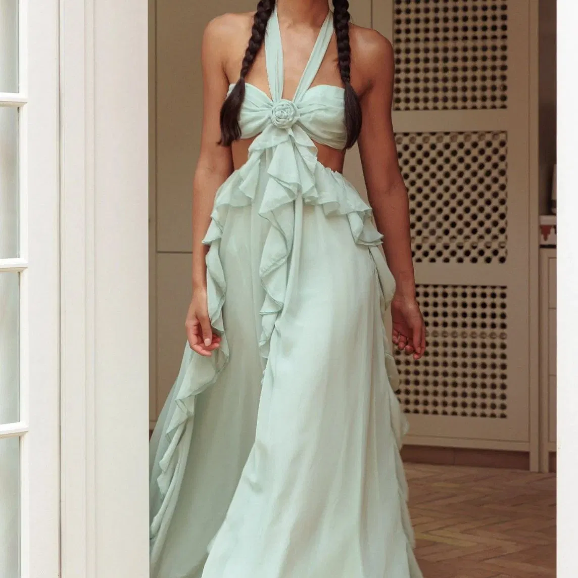 Lady's Mint Green Chiffon Halter-Neck Sexy Backless Layered Ruffled Skirt Stylish Women's Holiday Beach Party Maxi Dress