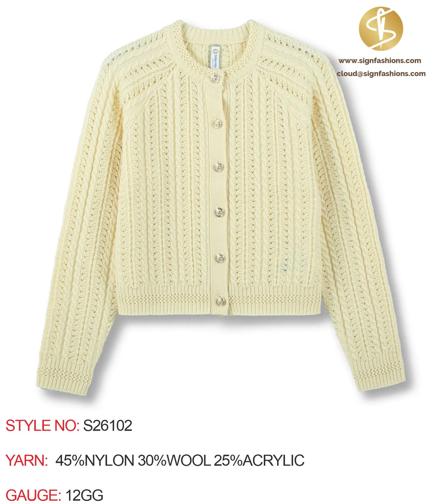 S26102 Women's Raglan-Sleeve Cable Knit Cardigan Fw26 OEM Ready