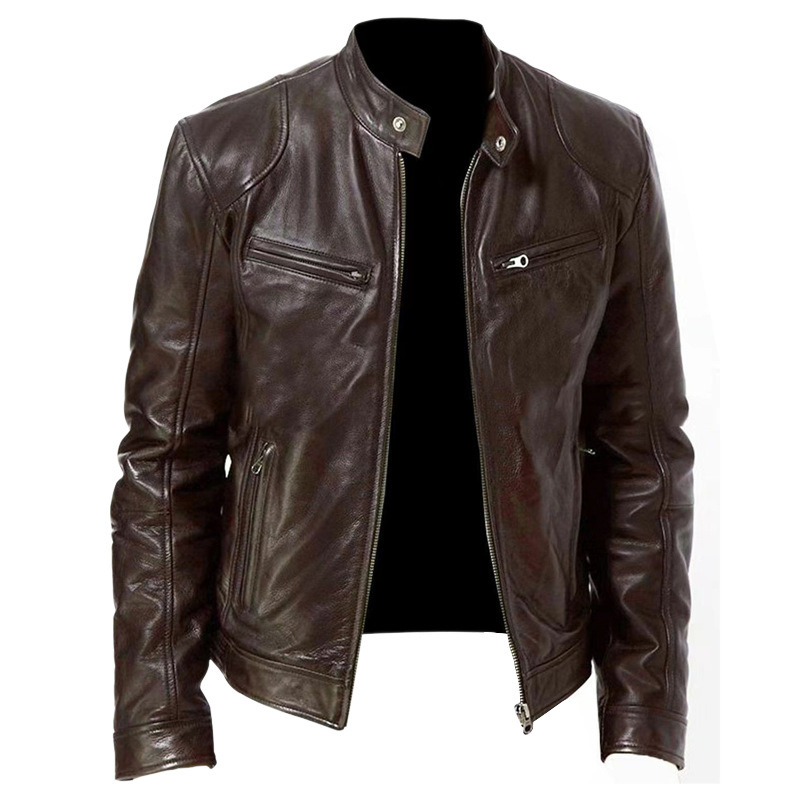 Mens Leather Jacket Slim Fit Motorcycle Biker Real Stand Collar OEM