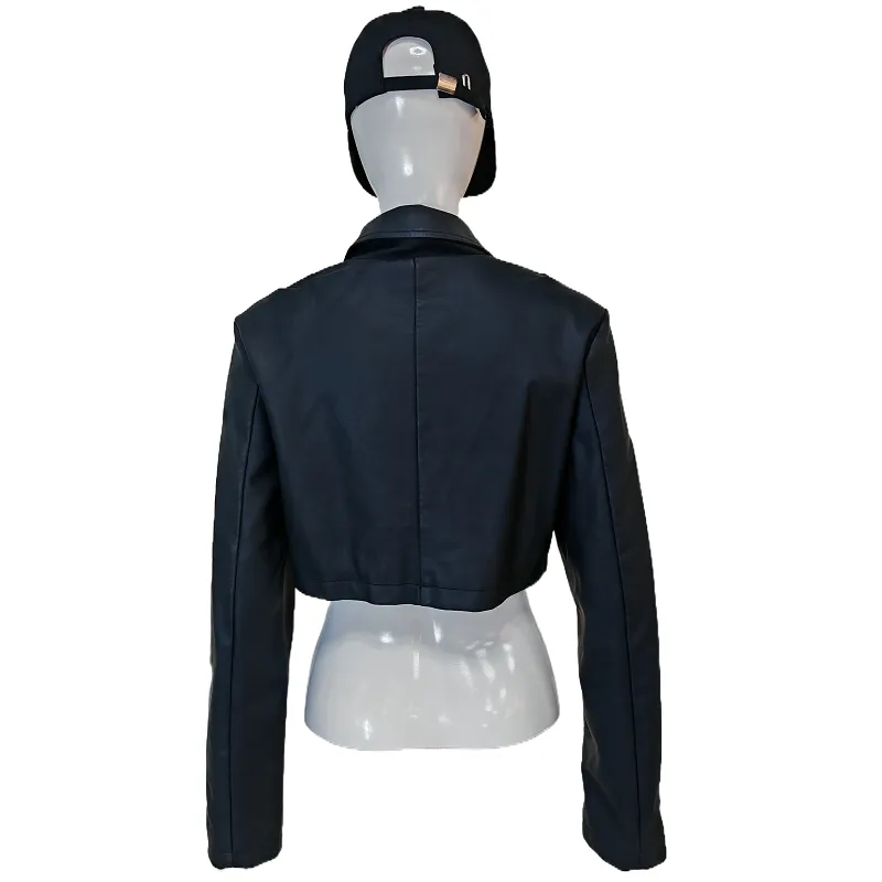 Black Faux Leather Cropped Biker Jacket View 2