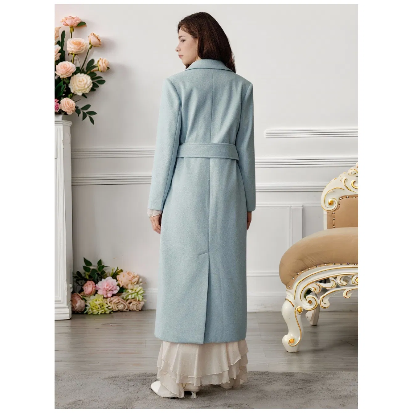 Sky Blue Belted Longline Wool Blend Winter Trench Coat