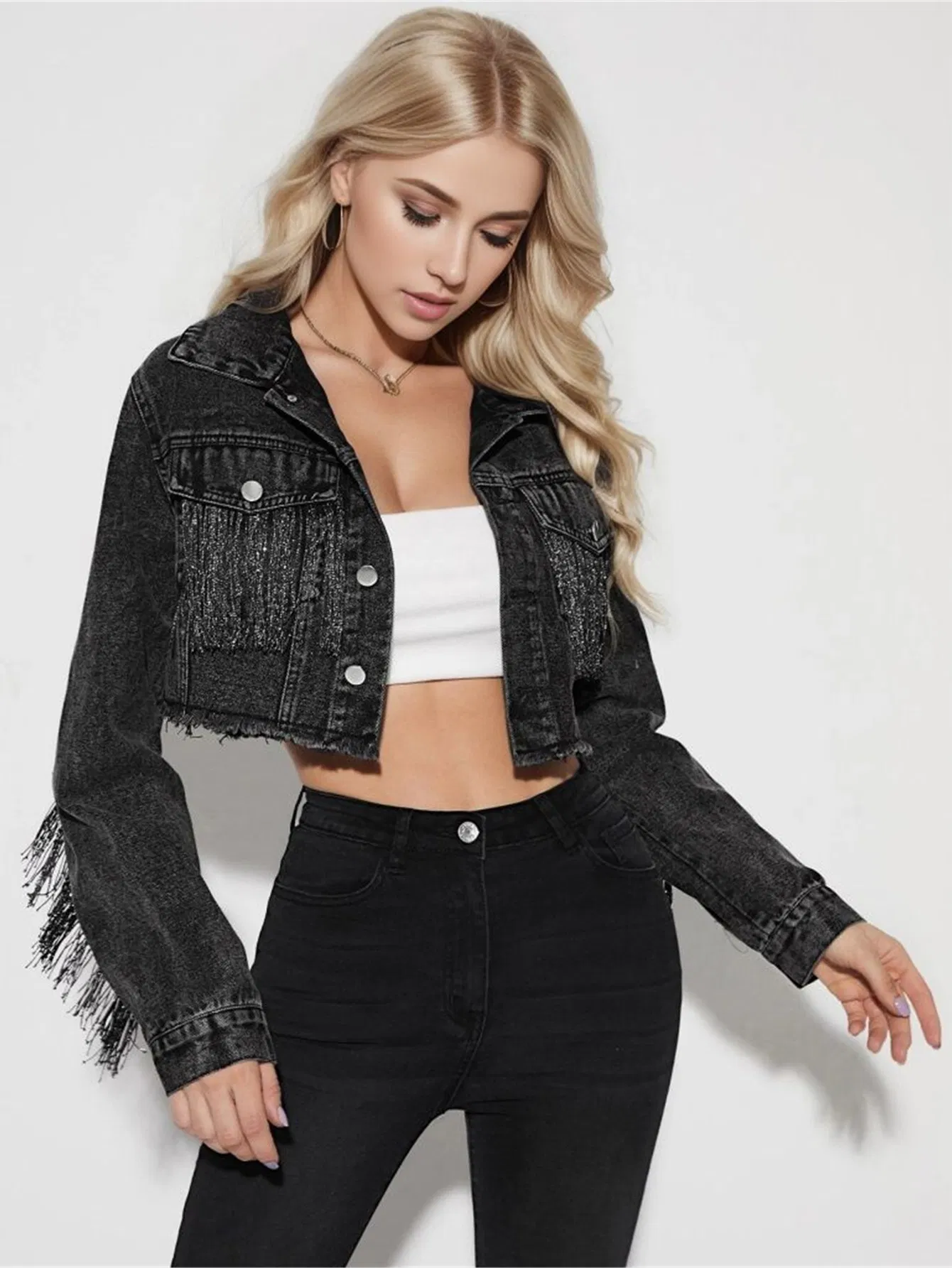 Women Casual Crop Tops Fringe Jeans Jacket Tassel Denim Jacket