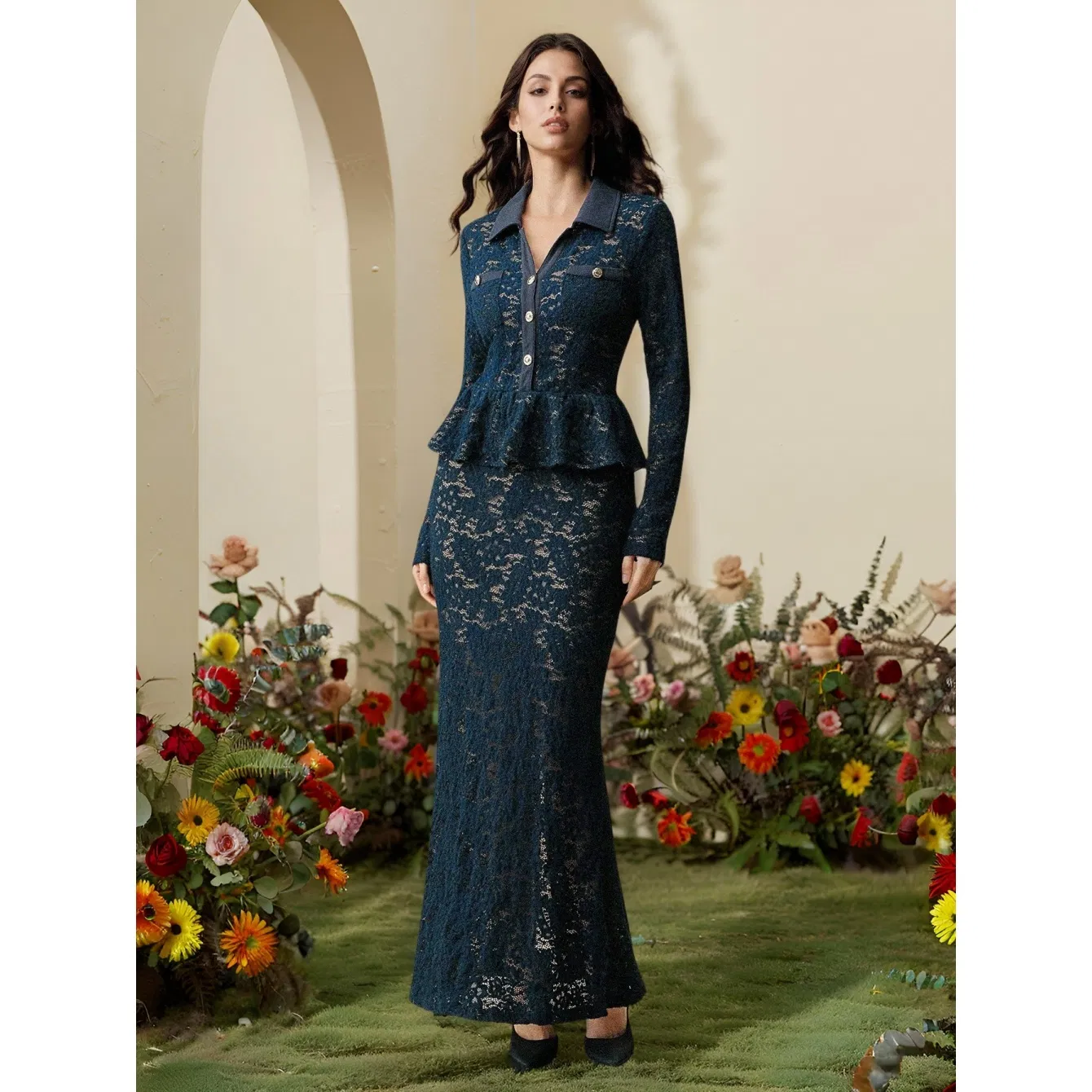Floor-Length Navy Blue Lace Peplum Collar Mermaid Maxi Dress Women Elegant Party Evening Gown Formal Occasion Wear Slim Fit