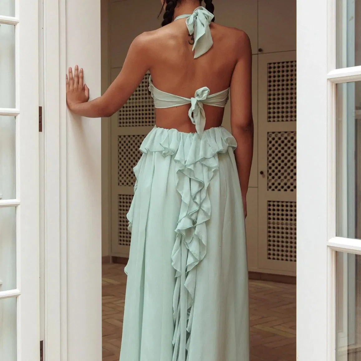 Lady's Mint Green Chiffon Halter-Neck Sexy Backless Layered Ruffled Skirt Stylish Women's Holiday Beach Party Maxi Dress