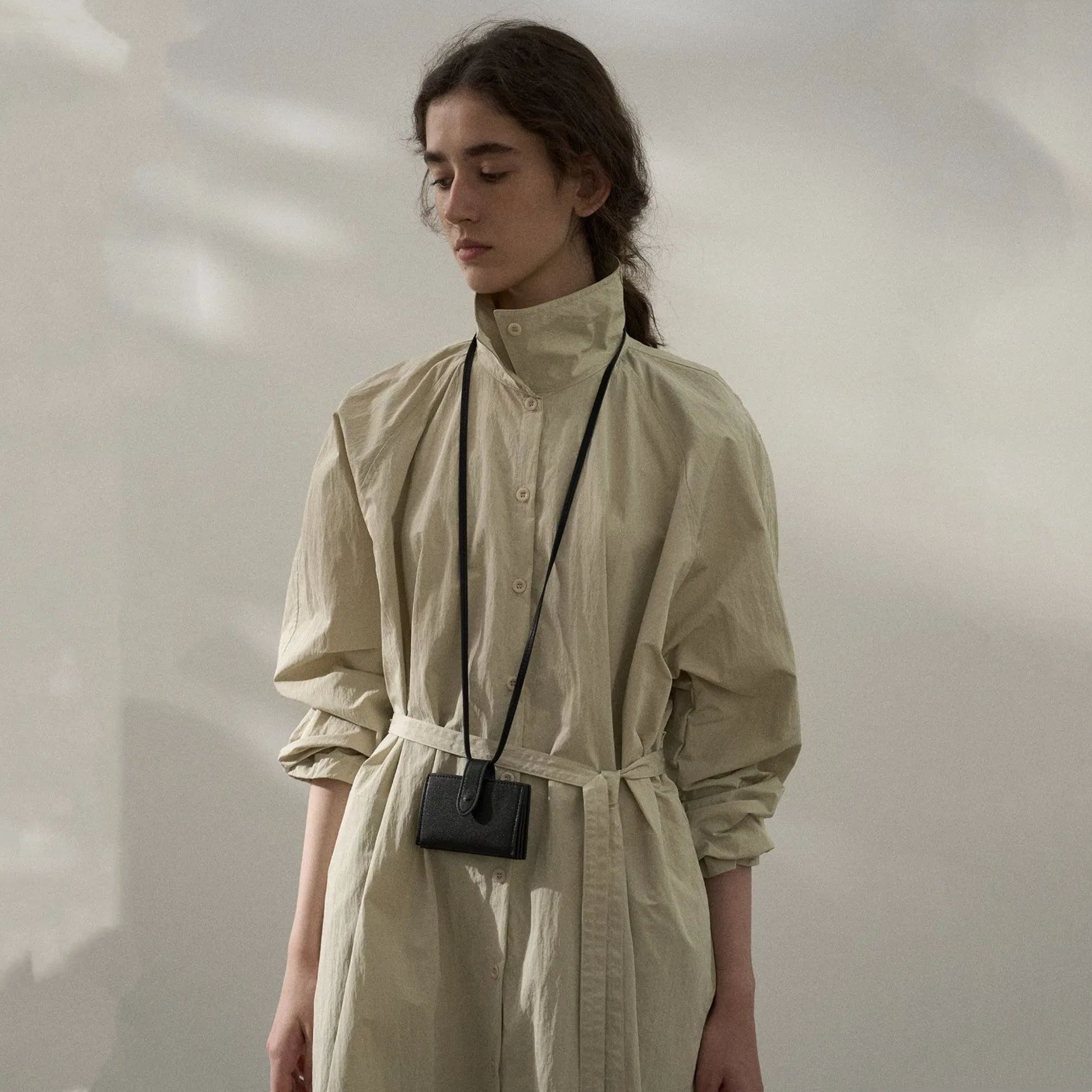 Glossy Wrinkled Long Trench Coat Stand Collar Coat Autumn