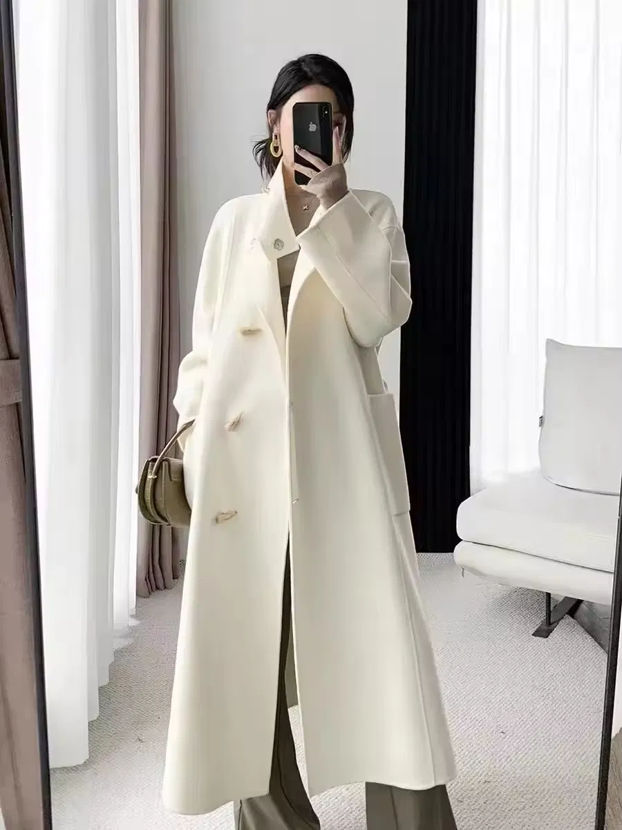 Women's MID-Length Wool Blend Coat with Big Notch Lapel Single Breasted Winter Season Decorated with Lace and Flowers