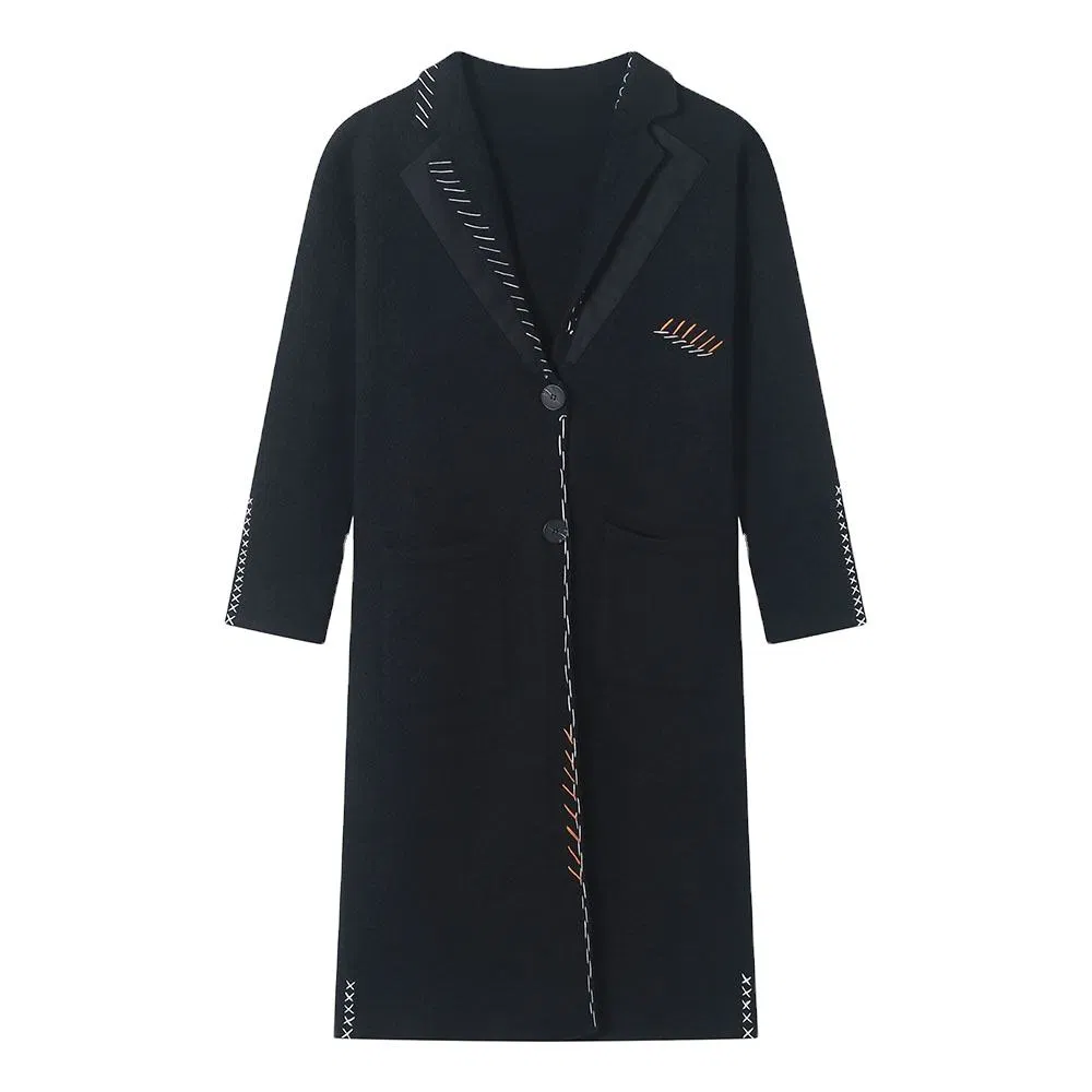 2025 Women's Korean Style Elegant 100%Merino Wool Knitwear Autumn Winter Ladies Fashionable Black Long Length Button up Knitted Sweater Coat