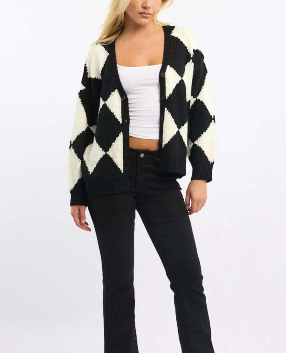 Chic Black and White Check Crop Knit Cardigan