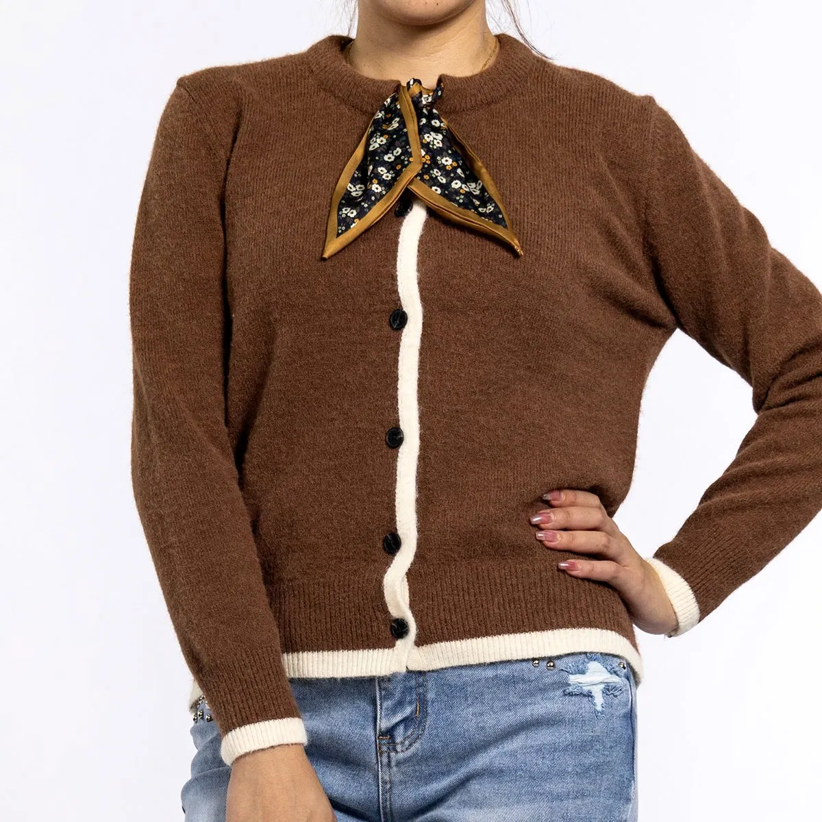 Autumn Curry Silk Scarf Neckline Cashmere Knitted Sweater Cardigan for Women