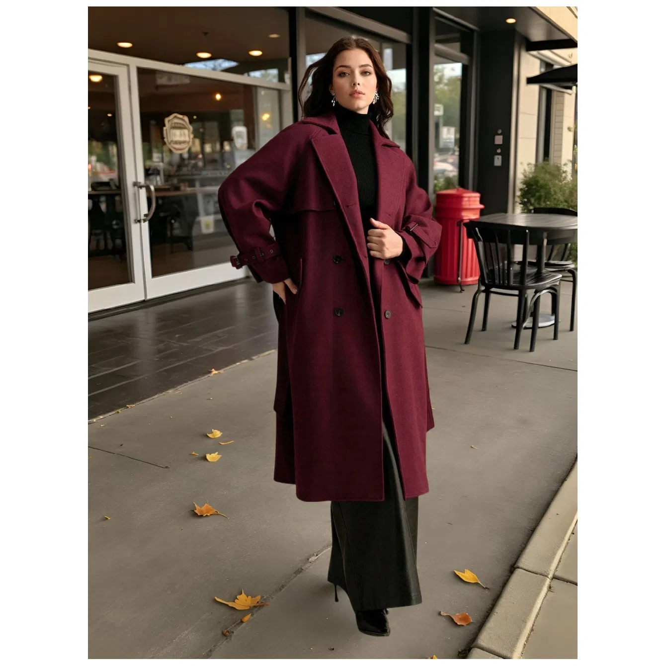 Burgundy Double Breasted Belted Wool Trench Coat