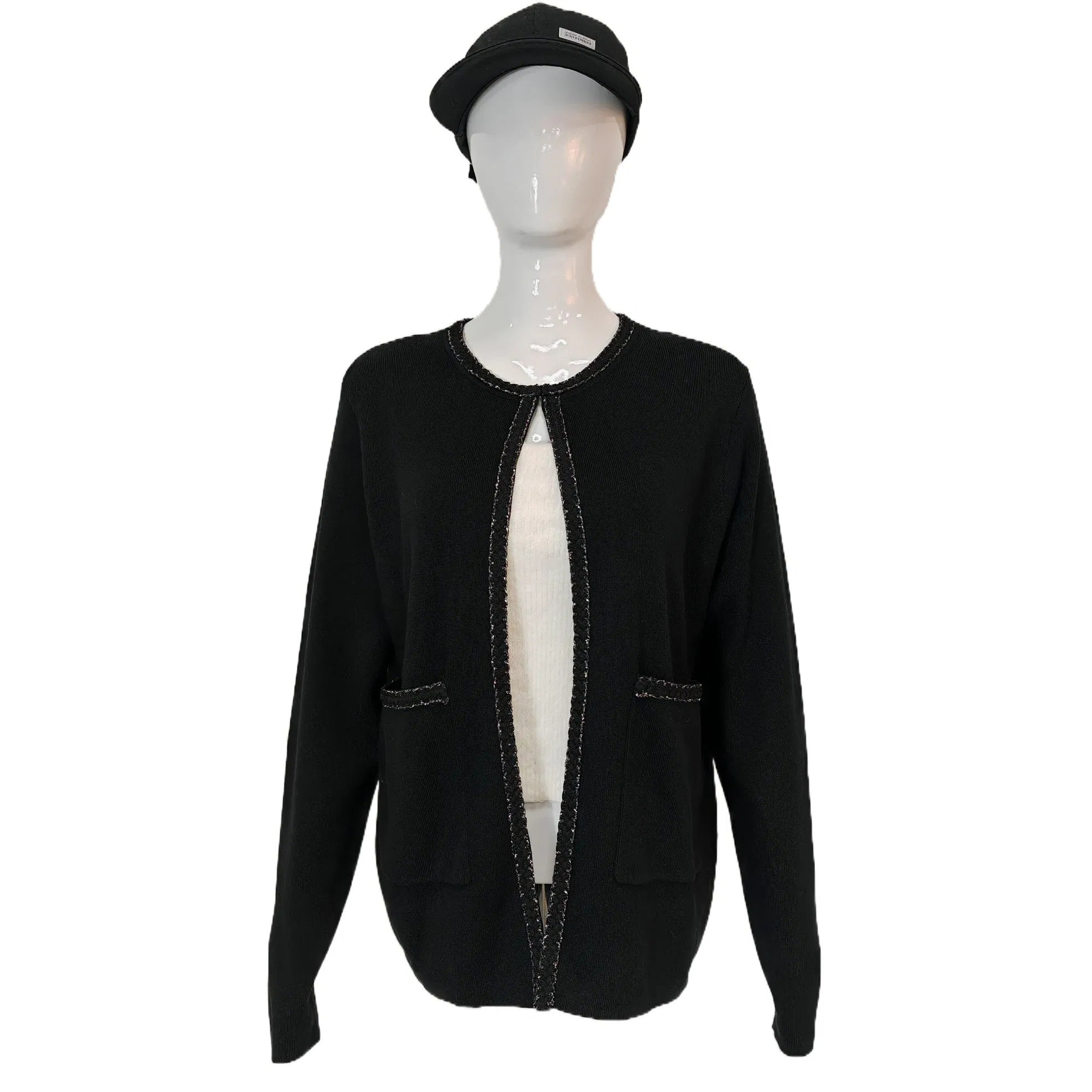 Women's Open-Front Cardigan with Braided Trim Chic Knit Sweater Jacket with Pockets