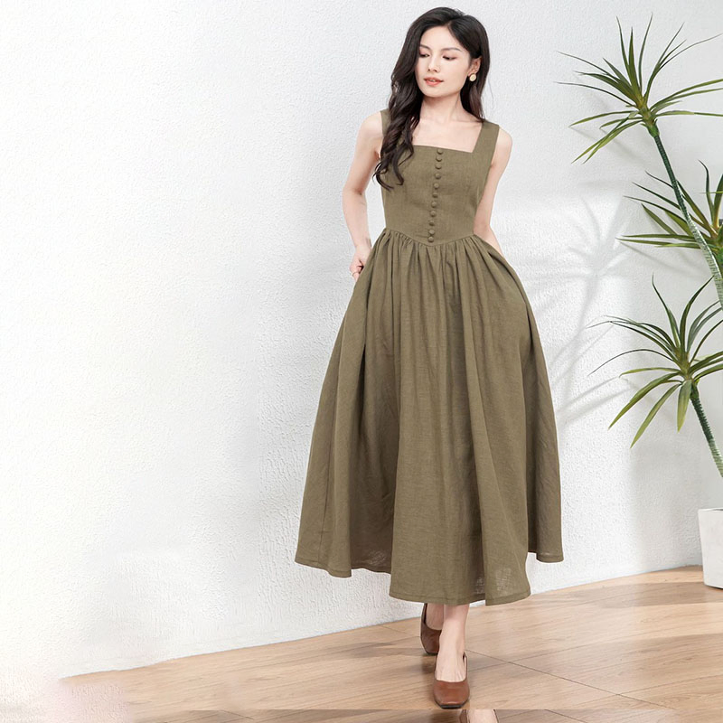Trendy Women's Linen Maxi Dress with Unique Button Embellishments