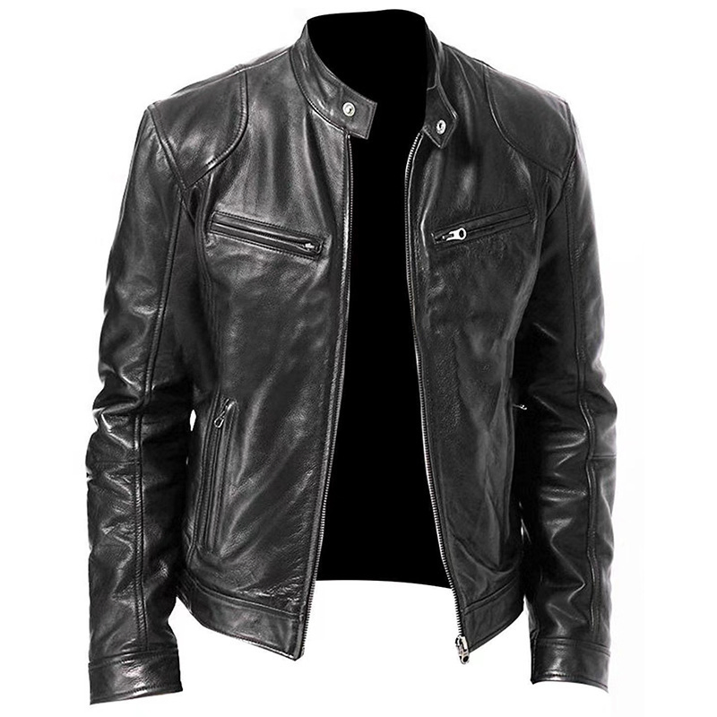 Mens Leather Jacket Slim Fit Motorcycle Biker Real Stand Collar OEM