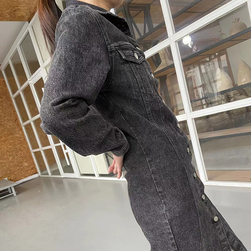 Women's Fashion Blue Wash Button Down Long Sleeve Frayed Hem Shirt Denim Long Jacket