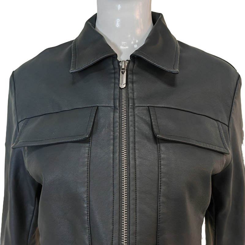 Women's Black Faux Leather Cropped Biker Jacket Collared Zip-up Streetwear Coat