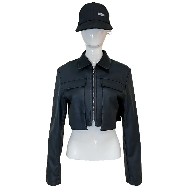 Black Faux Leather Cropped Biker Jacket View 1