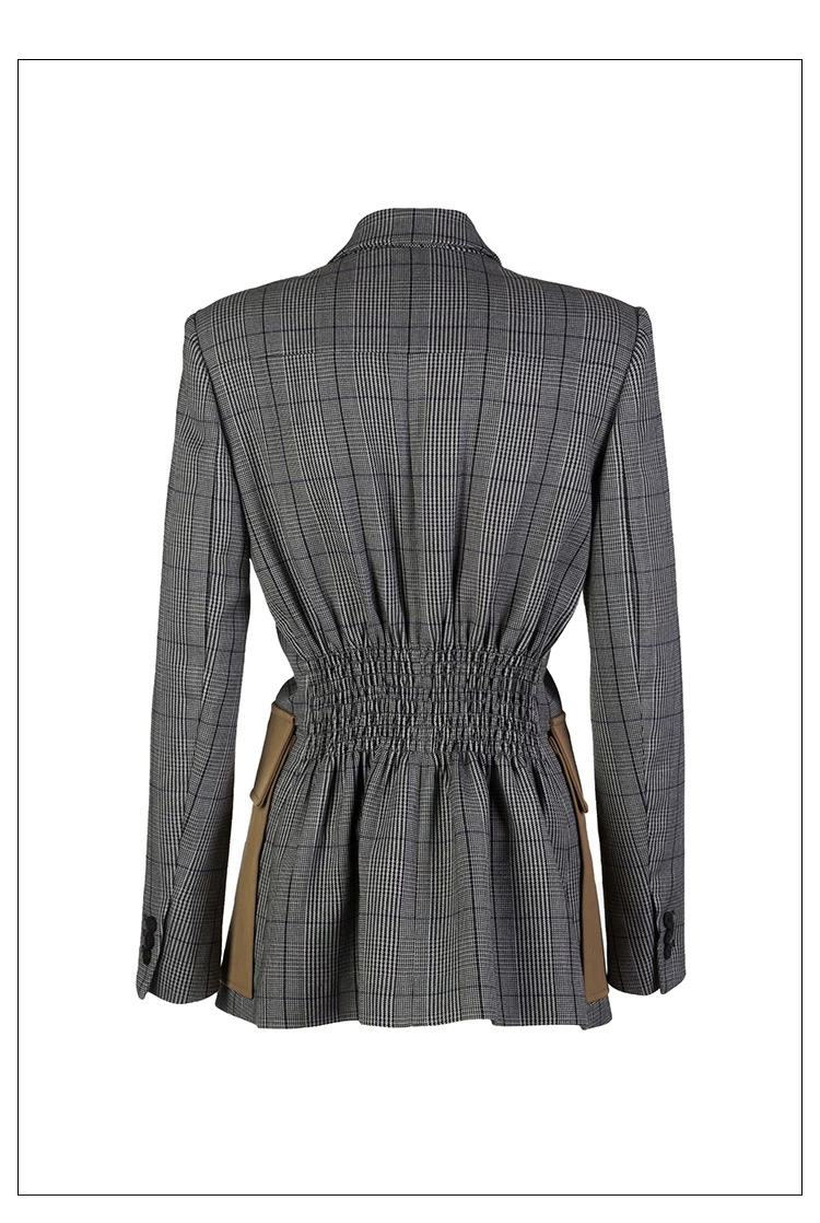 Customized Wholesale Back Elastic Pleat Waist Cut-in Design Leather Pockets Women Blazer Jacket Suits Blazer Paired with Mini Skirt for Fashion Wear