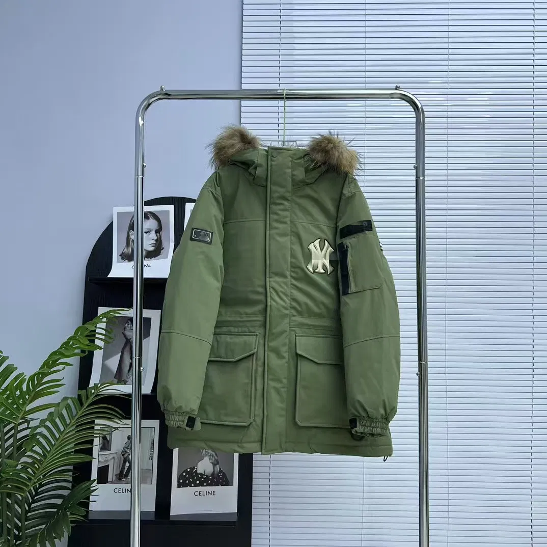 Mhome Down Jacket Yankees Workwear Large Fur Collar Medium-Length Men's and Women's Models White Duck Down Parker Navy Jacket